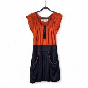 Lauren Moffatt 100% Silk Burnt Orange Navy Pleated Bubble Hem Mini Dress, Size 6